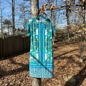 Studio One New York woman’s shirt dress in lovely blues, greens and white.